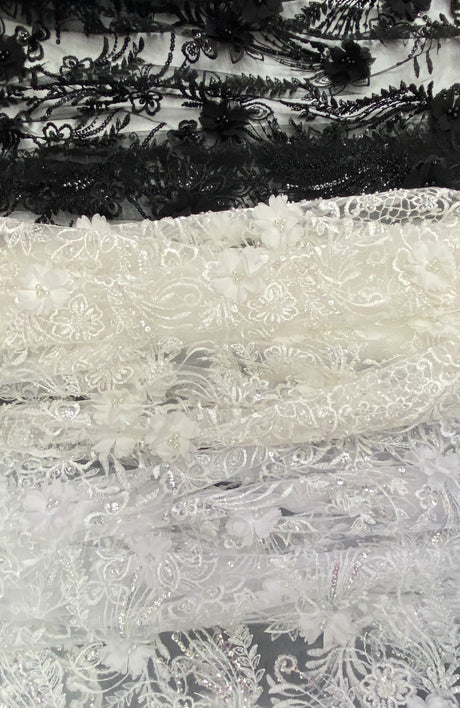 3D Chiffon Flower Pearls And Beaded Lace Polyester Fabric - Black, White, Off White, 3D Floral Beaded Lace, 54" Width (1 Yard)