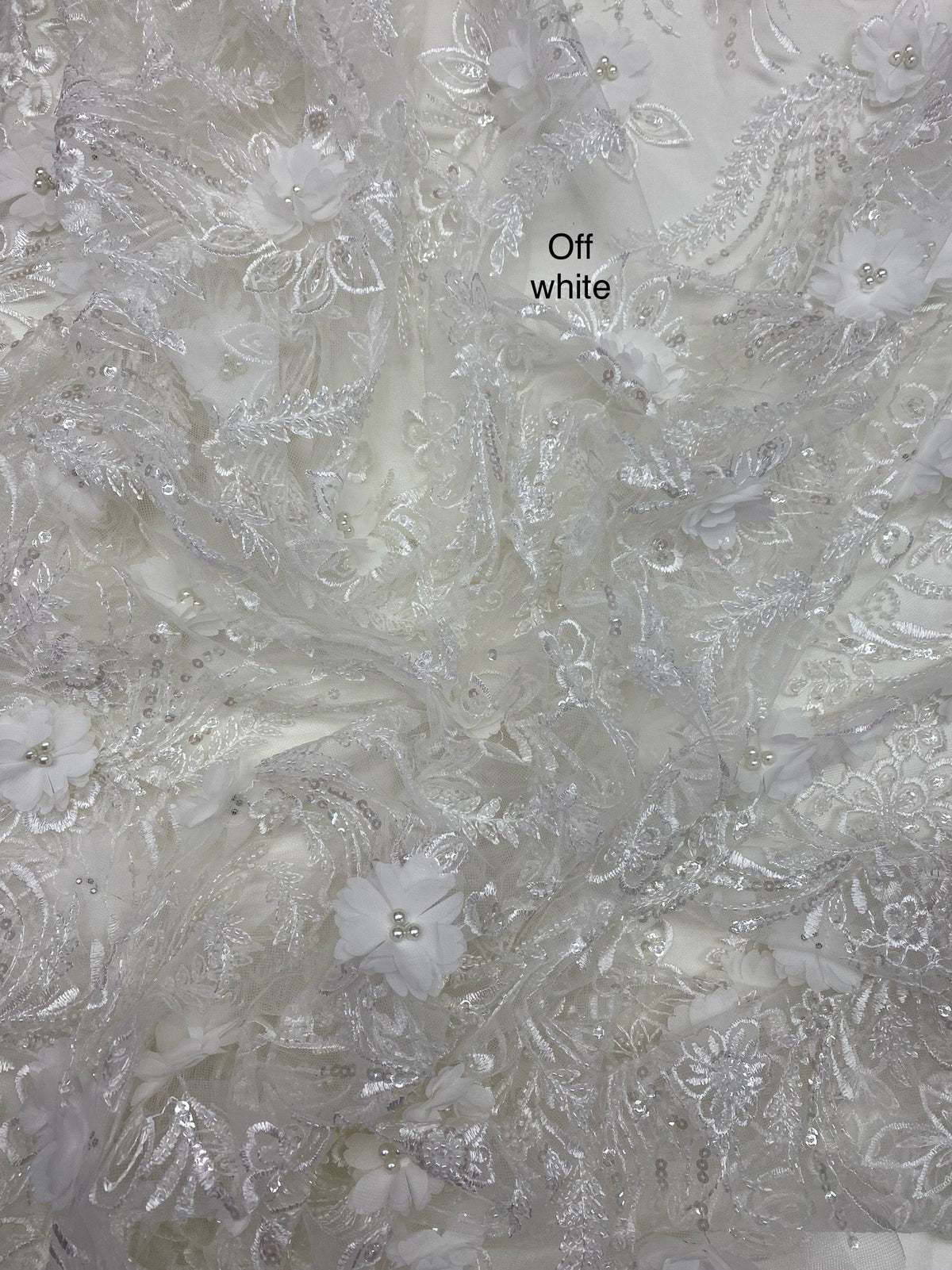3D Chiffon Flower Pearls And Beaded Lace Polyester Fabric - Black, White, Off White, 3D Floral Beaded Lace, 54" Width (1 Yard)