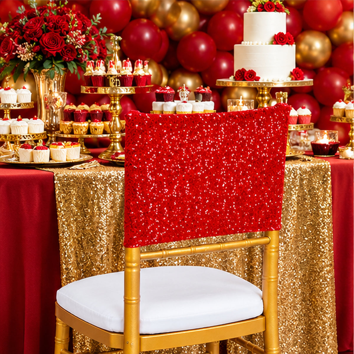 Red Sequin Spandex Chair Caps 220 GSM Sparkling Stretch Cover