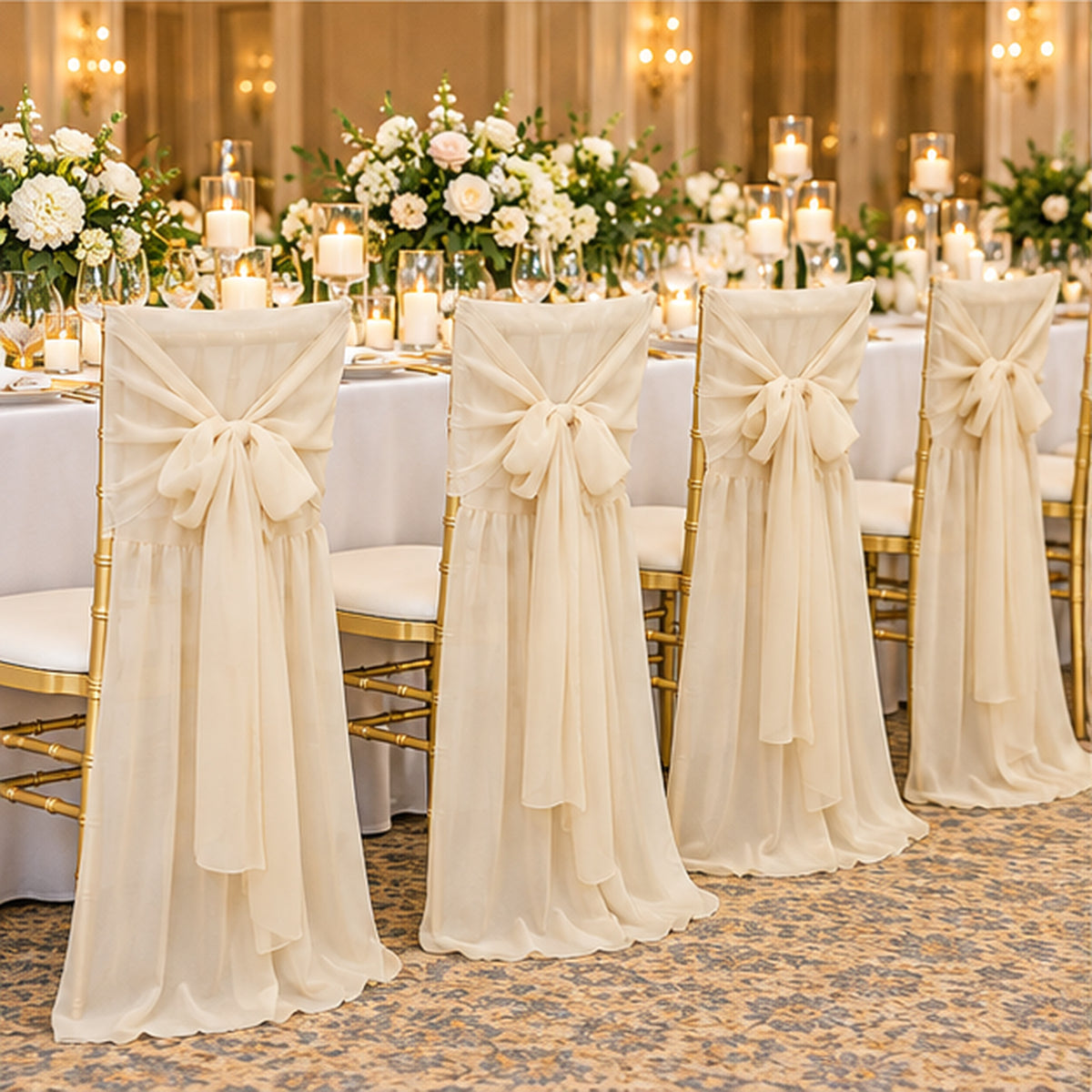 Champagne Chiffon Chiavari Chair Cover With Sash Flowing Drape