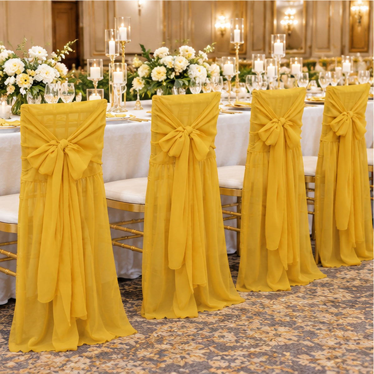 Gold Chiffon Chiavari Chair Cover With Sash Cascading Drape