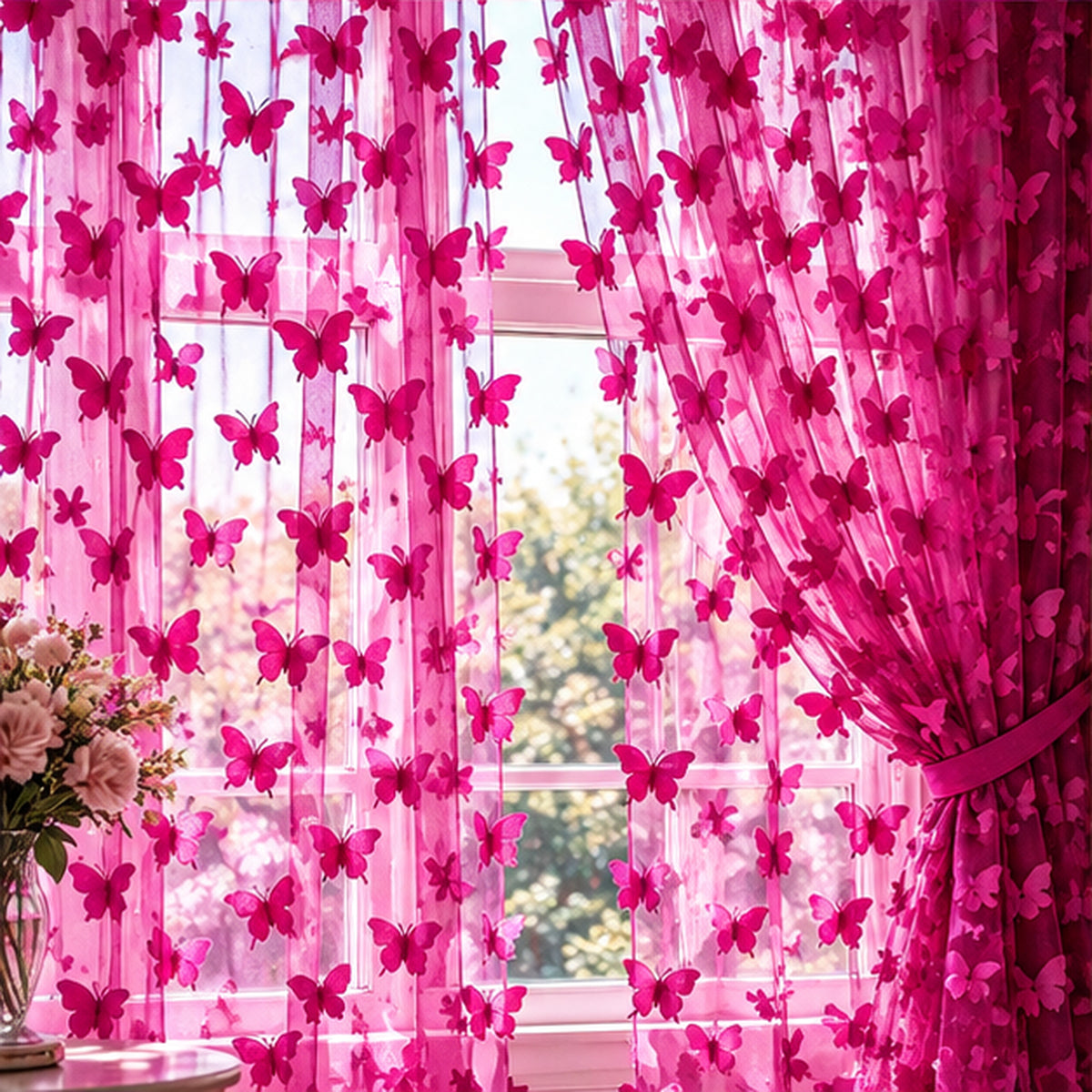 3D Butterflies Fuchsia Lace Fabric Embroidered by the Yard Decor