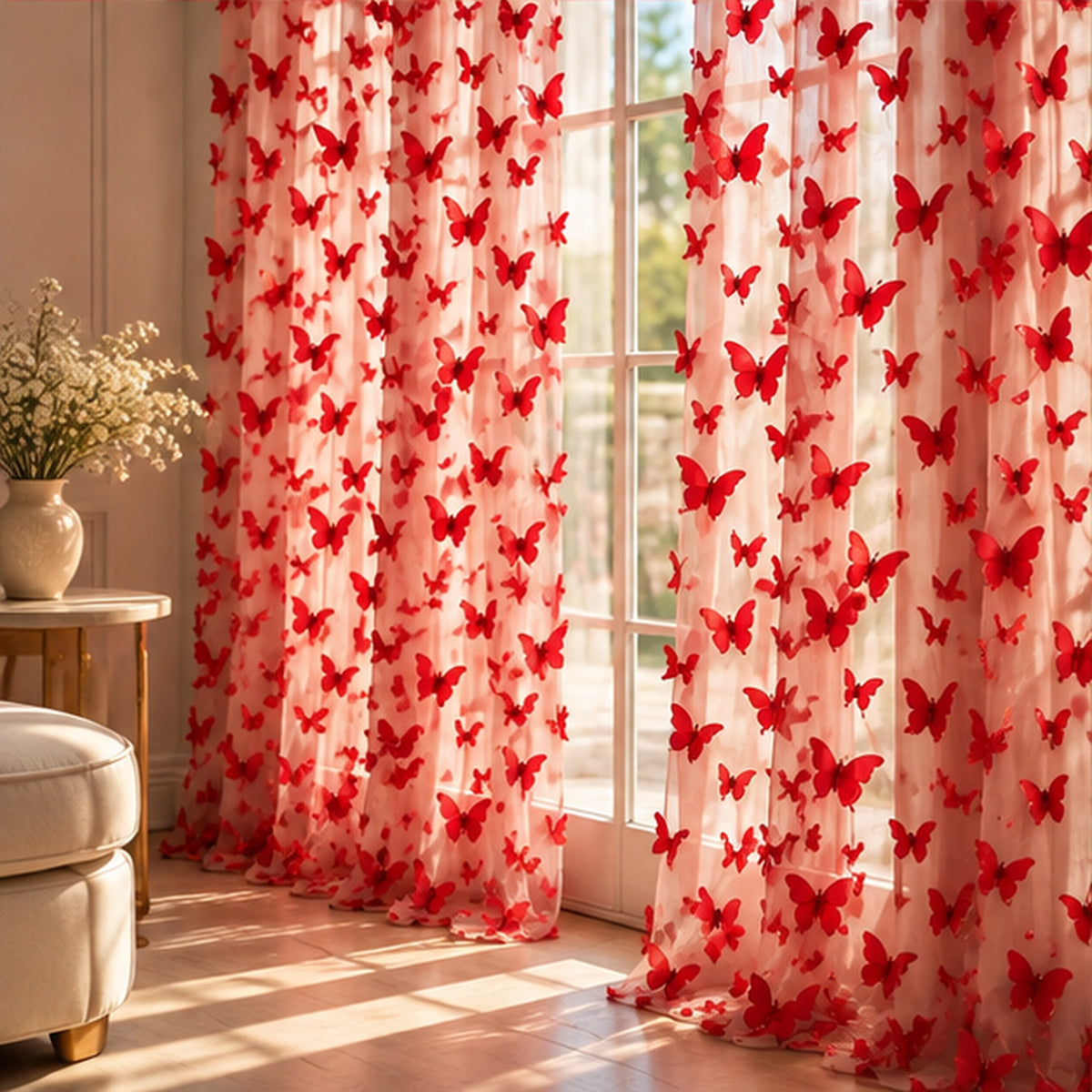 3D Butterflies Apple Red Lace Fabric Embroidered by the Yard Decor