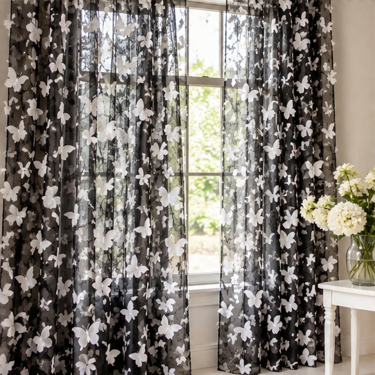 3D Butterflies White on Black Lace Fabric Embroidered by the Yard
