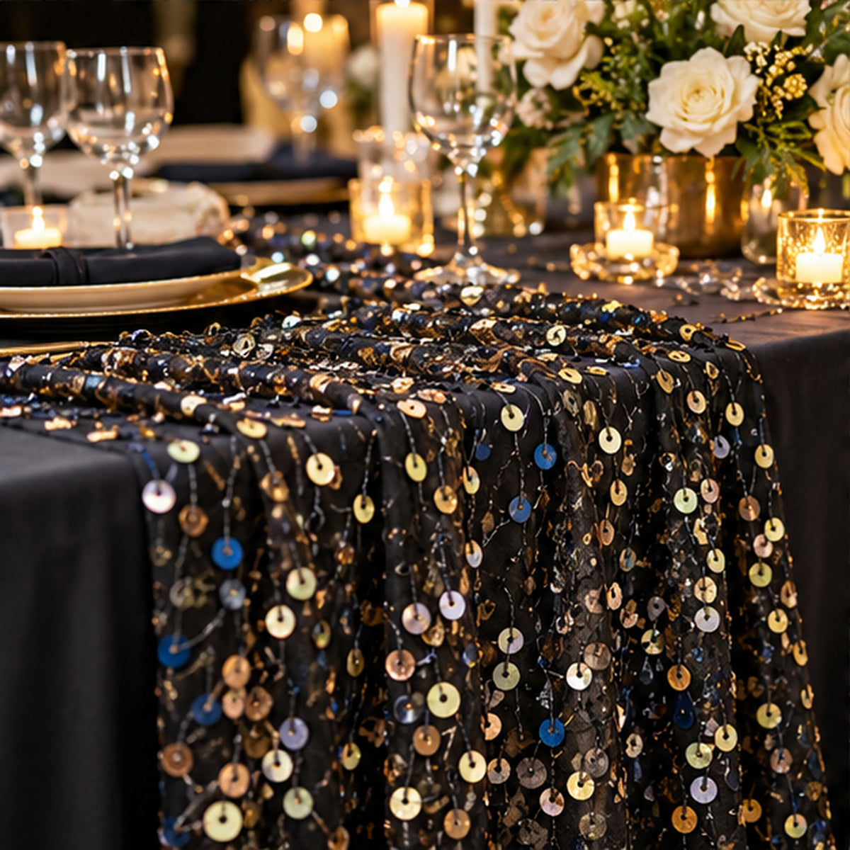 Sequined Lace Fabric Embroidered Black Chiffon Sheer by the Yard