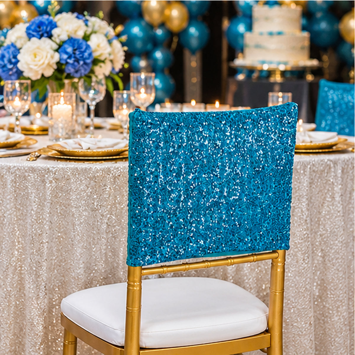Turquoise Sequin Spandex Chair Caps 220 GSM Stretchy Shimmer