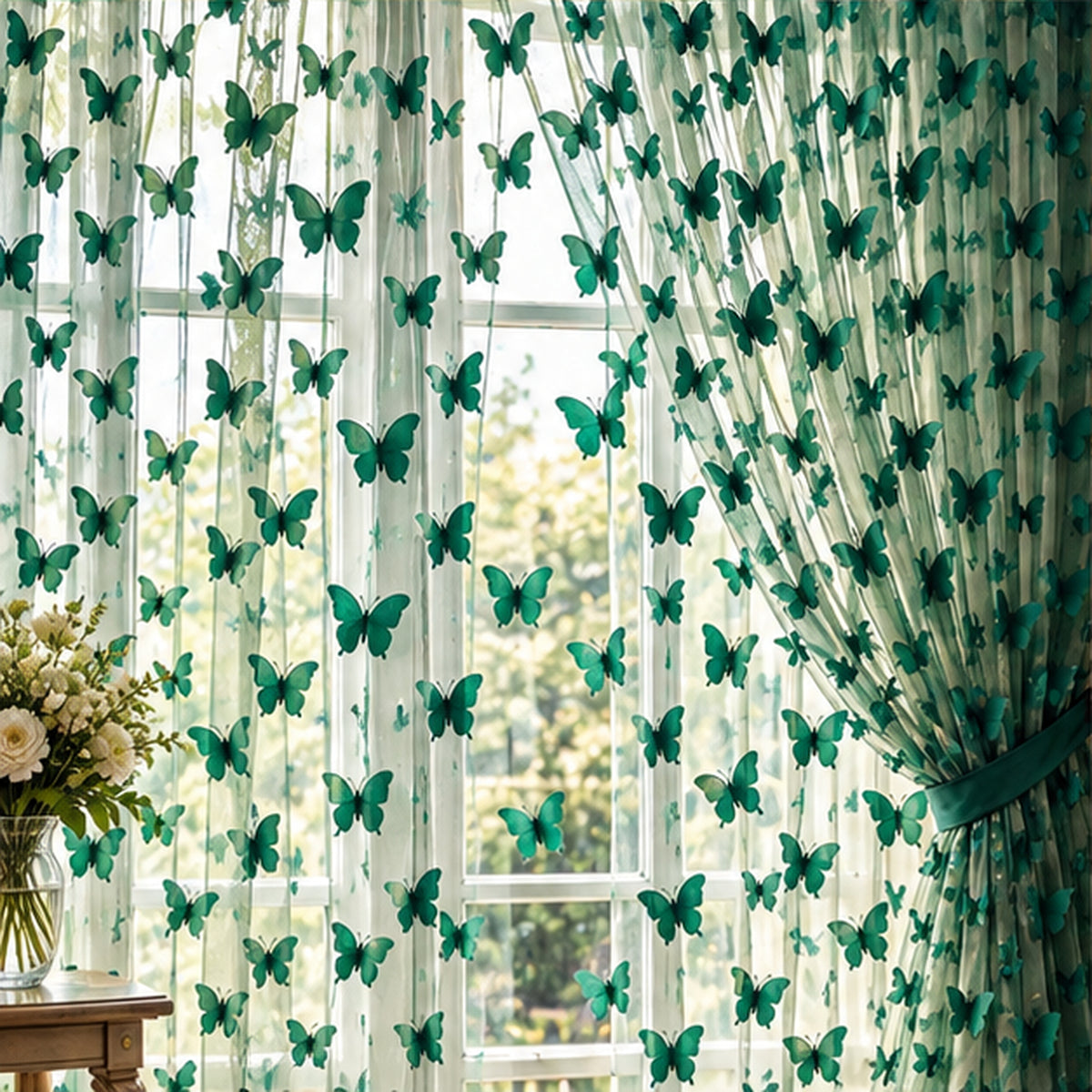 3D Butterflies Hunter Green Lace Fabric Embroidered by the Yard