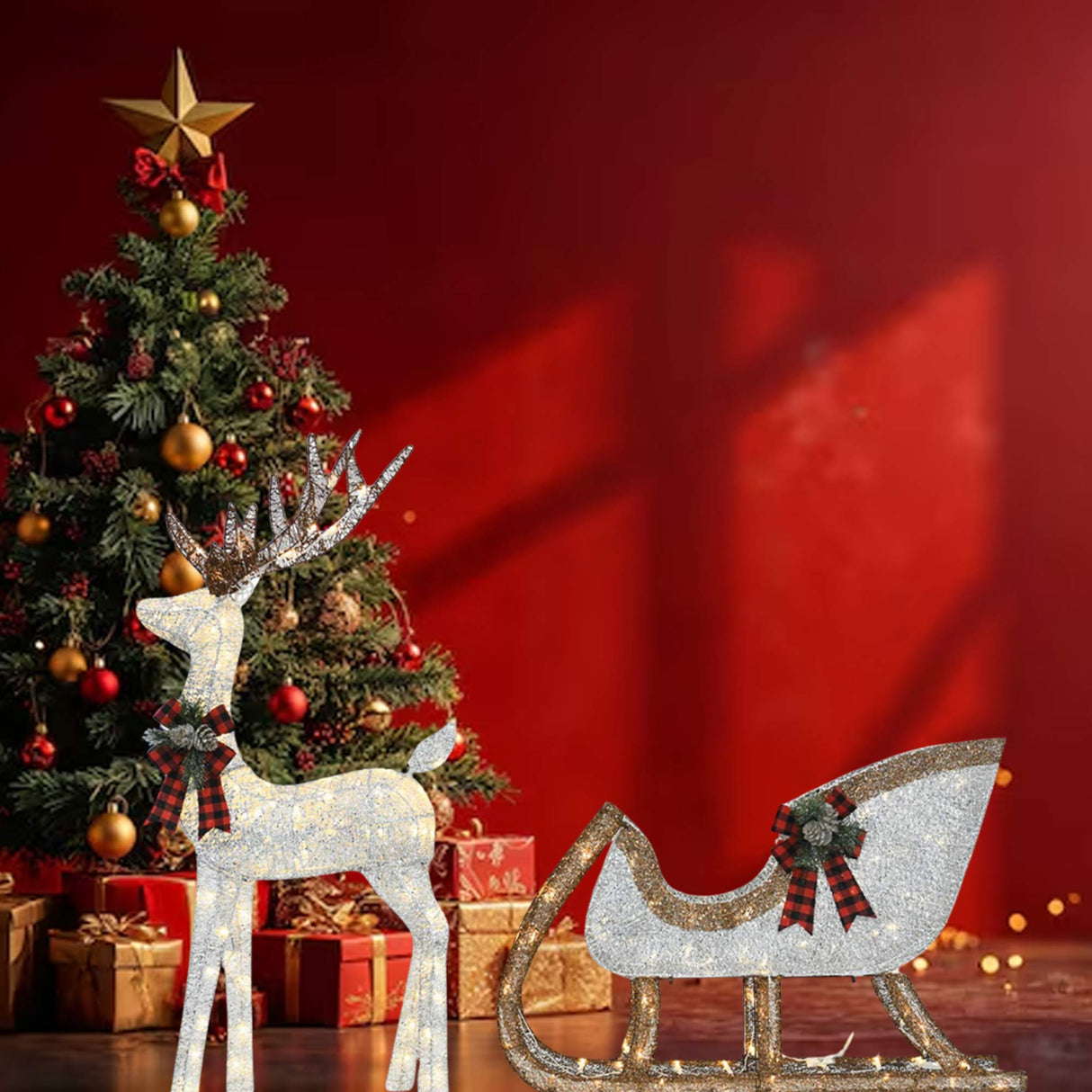 48" Lighted Silver Deer with 38" Sleigh Holiday Yard Decoration