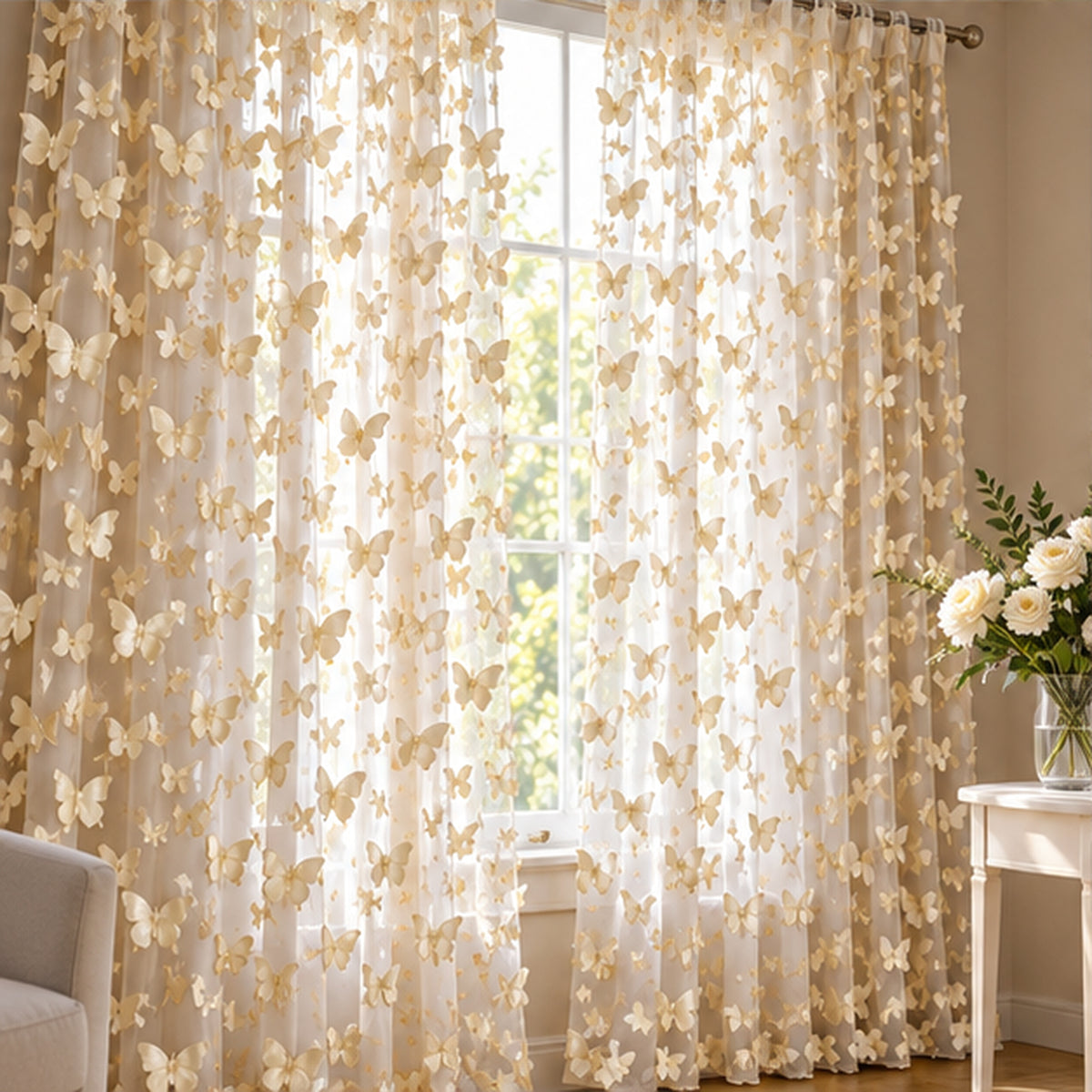 3D Butterflies Champagne Lace Fabric Embroidered by the Yard Decor