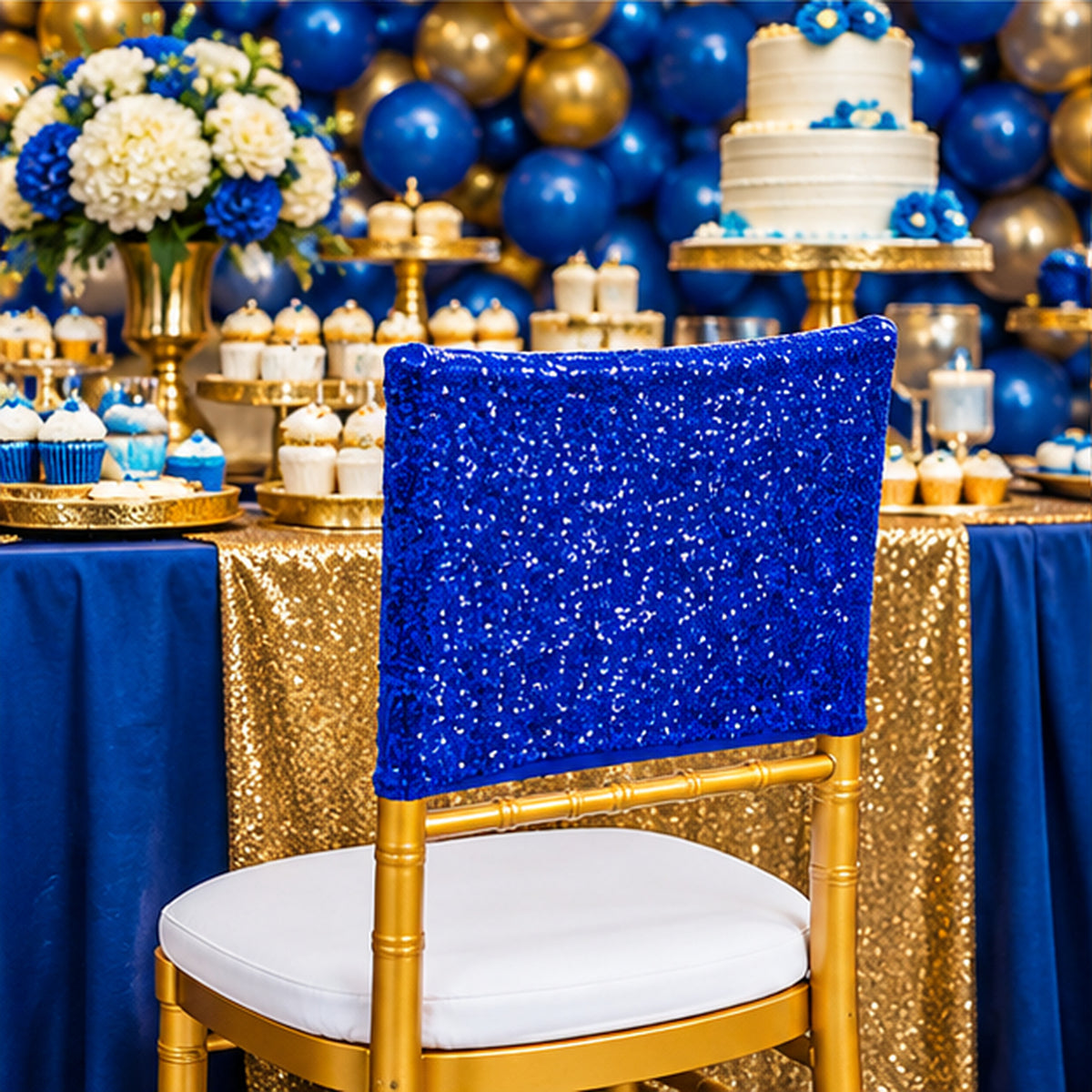Royal Blue Sequin Spandex Chair Caps 220 GSM Shimmer Stretch