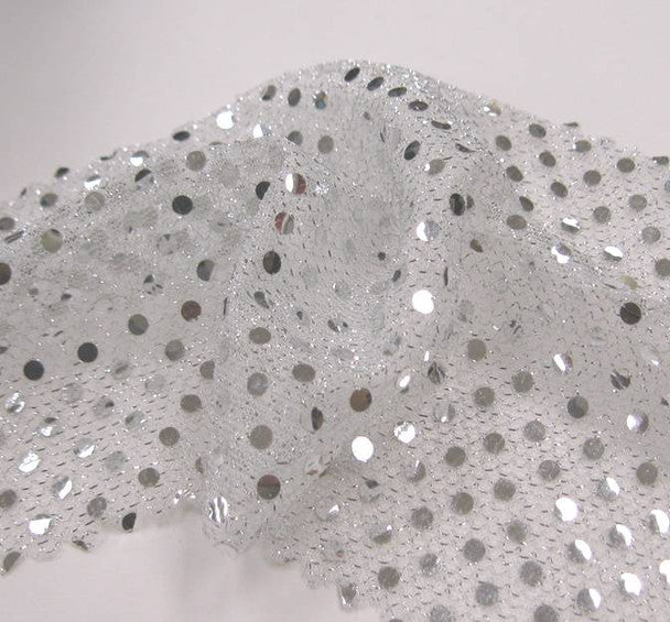 3MM 1 Yard White & Silver Sequin Fabric on American Knit Lightweight Apparel, Costume Fabric