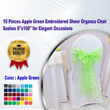10 Pieces Apple Green Embroidered Sheer Organza Chair Sashes 8"x108" for Elegant Occasions