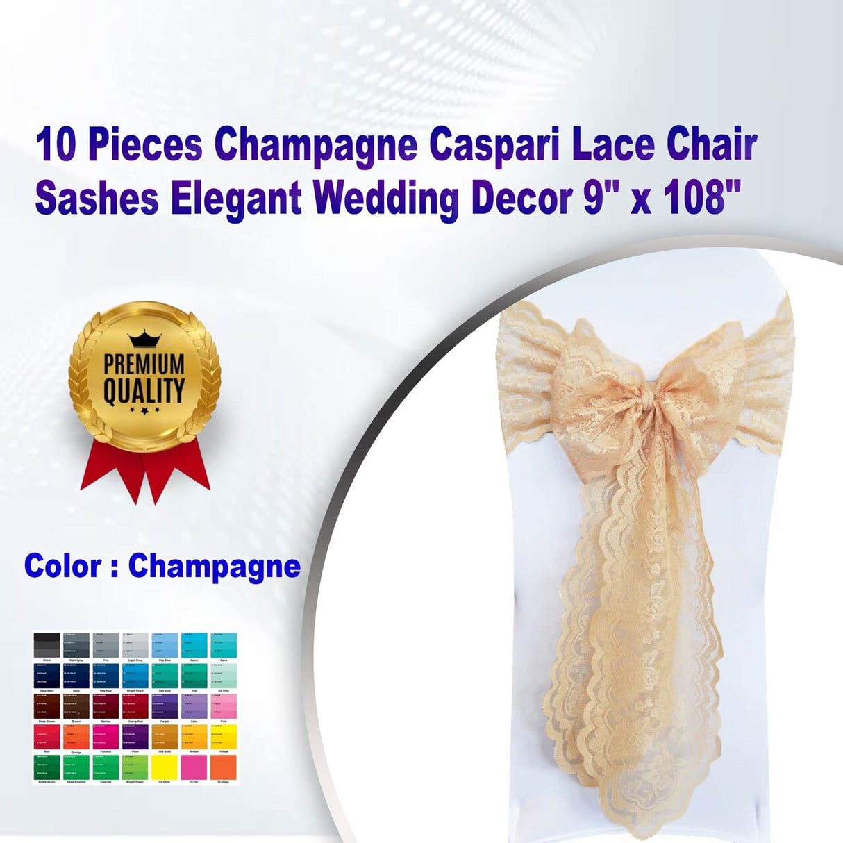 10 Pieces Champagne Caspari Lace Chair Sashes Elegant Wedding Decor 9" x 108"