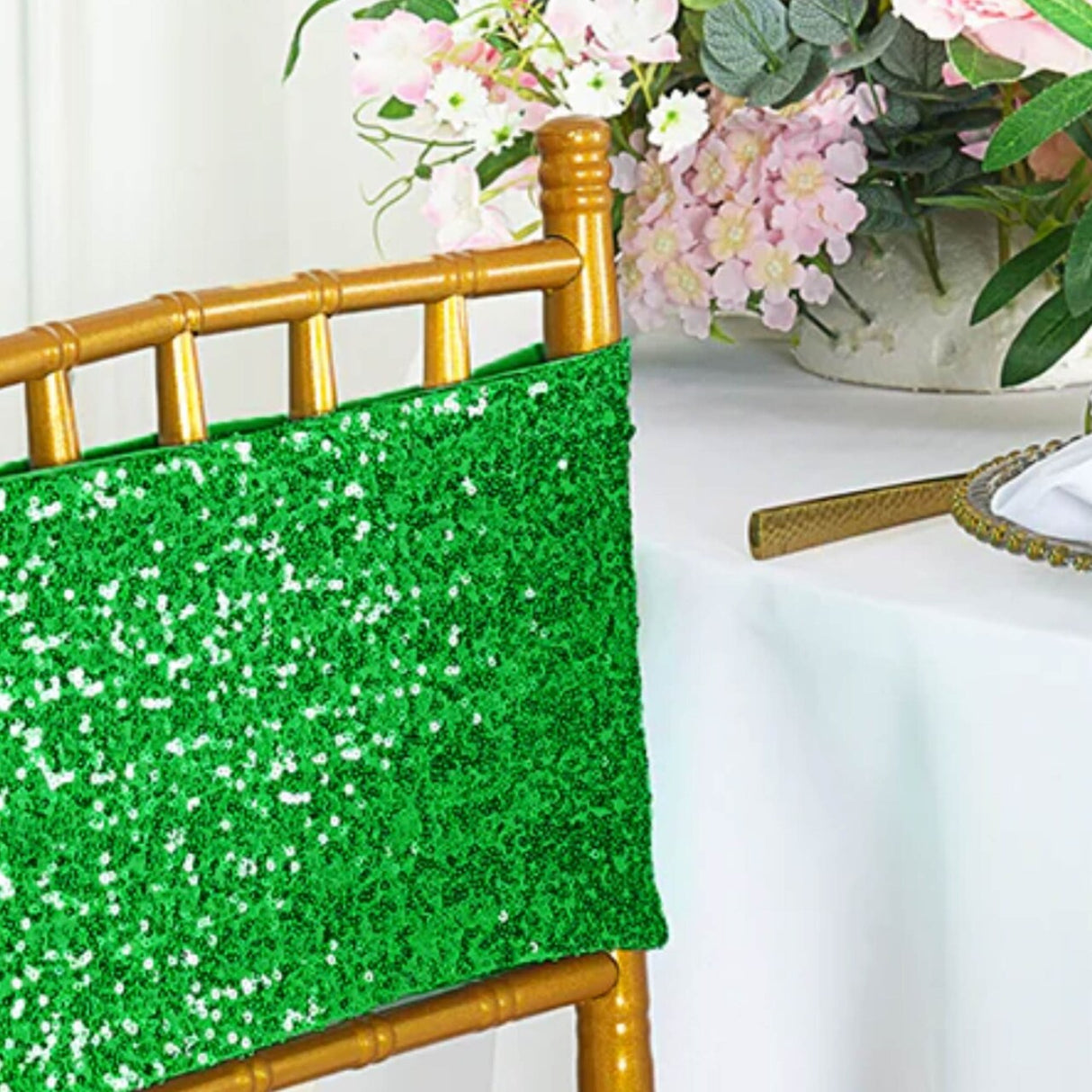 10 Pieces Radiant Emerald Green Sequin Stretch Spandex Chair Bands 7 x 13 Inches