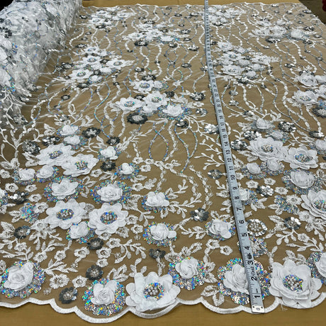 1 Yard Dazzling Yellow Beaded Sequined 3D Floral Lace Fabric on Net Mesh 52 inch Width