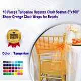 10 Pieces Tangerine Organza Chair Sashes 8"x108" Sheer Orange Chair Wraps for Events