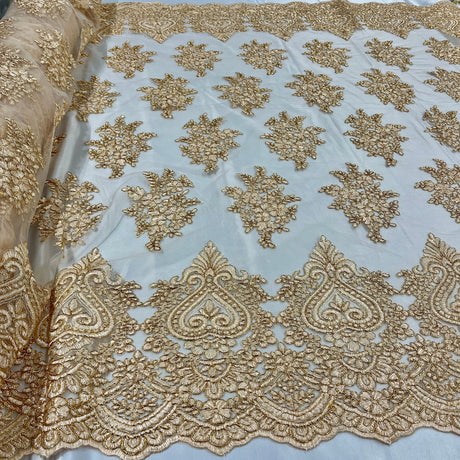 1 Yard Royal Blue Corded Lace Fabric Embroidered on Polyester Net Mesh 52 Inch Width