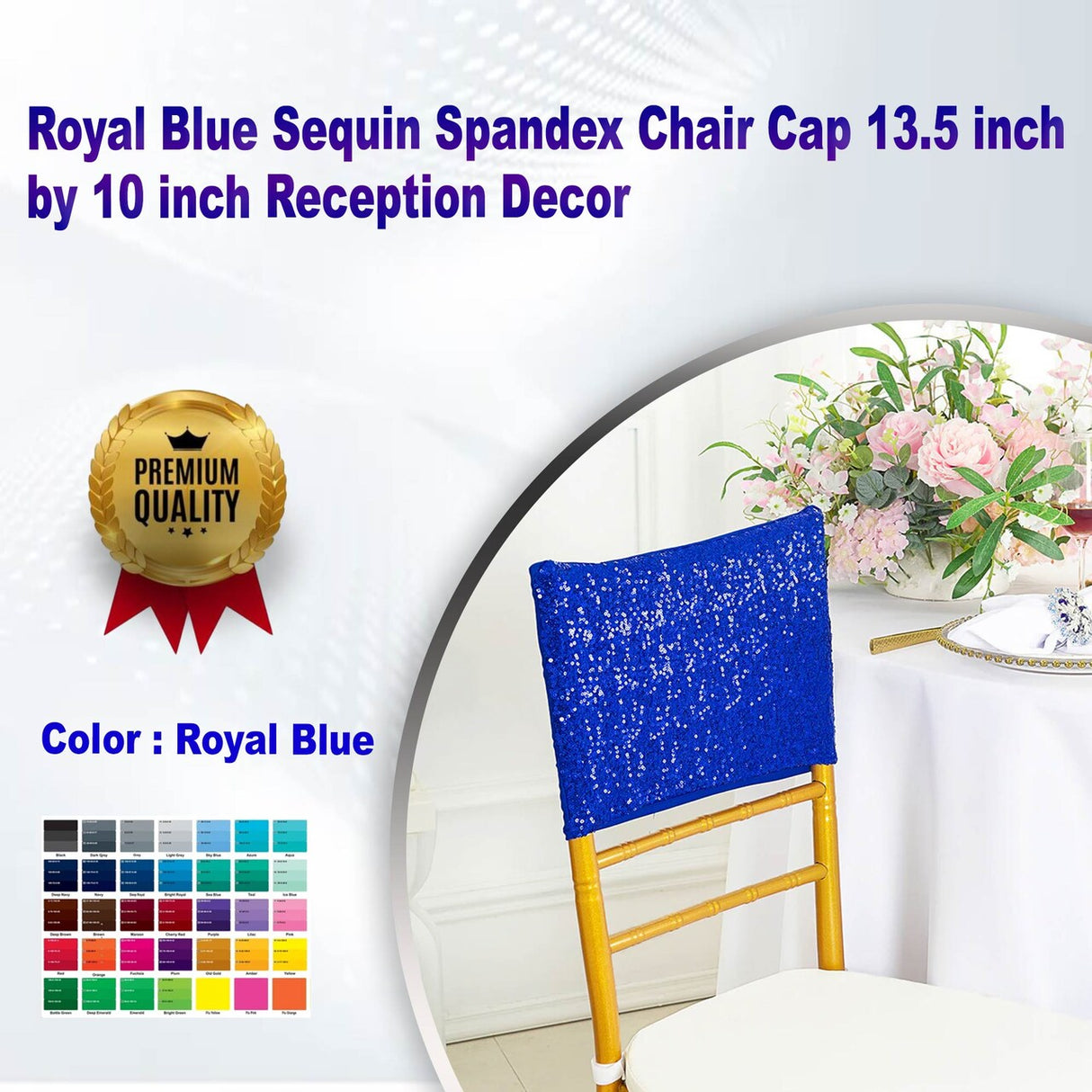 1 Piece Royal Blue Sequin Spandex Chair Cap 13.5 inch by 10 inch Reception Decor