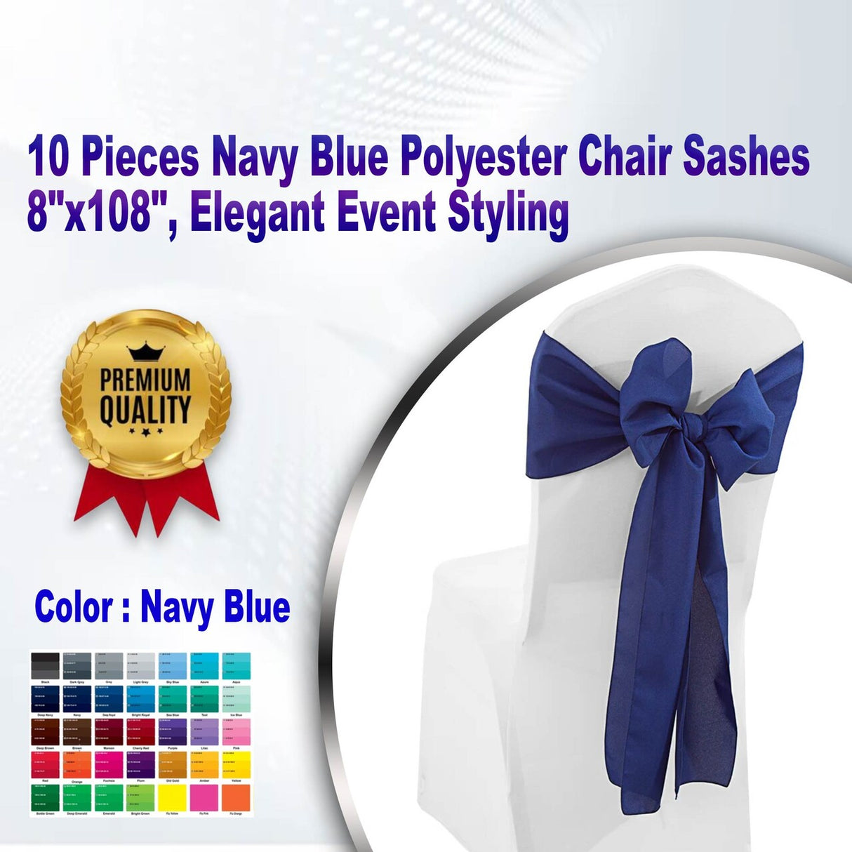10 Pieces Navy Blue Polyester Chair Sashes 8"x108", Elegant Event Styling