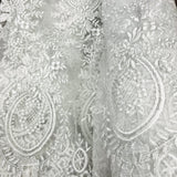 1 Yard Elegant White Corded Bridal Lace Fabric on 100% Polyester Net Mesh 48 inch Width