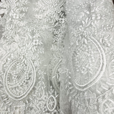 1 Yard Elegant White Corded Bridal Lace Fabric on 100% Polyester Net Mesh 48 inch Width