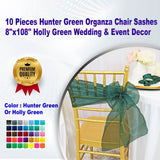 10 Pieces Hunter Green Organza Chair Sashes 8"x108" Holly Green Wedding & Event Decor