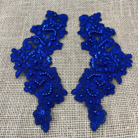 1 Pair 9" x 3" Each Side Beaded & Corded Floral Lace Applique Organza
