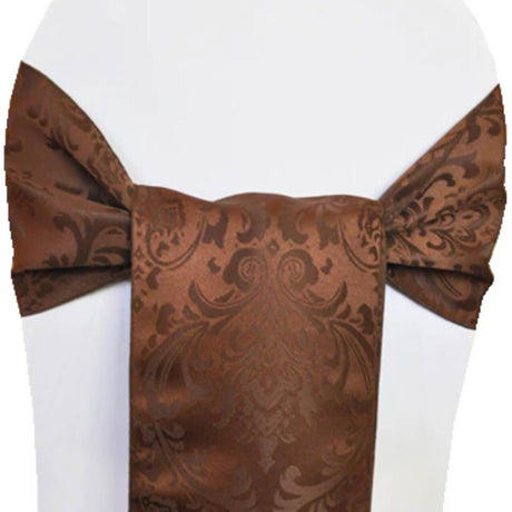 10 Pieces Premium Chocolate Floral Damask Jacquard Chair Sashes 7.5 x 108 Inches