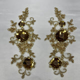 1 Pair Beaded & Corded Floral 3D Lace Applique 100% Polyester Net Mesh 9" x 4" Each Side