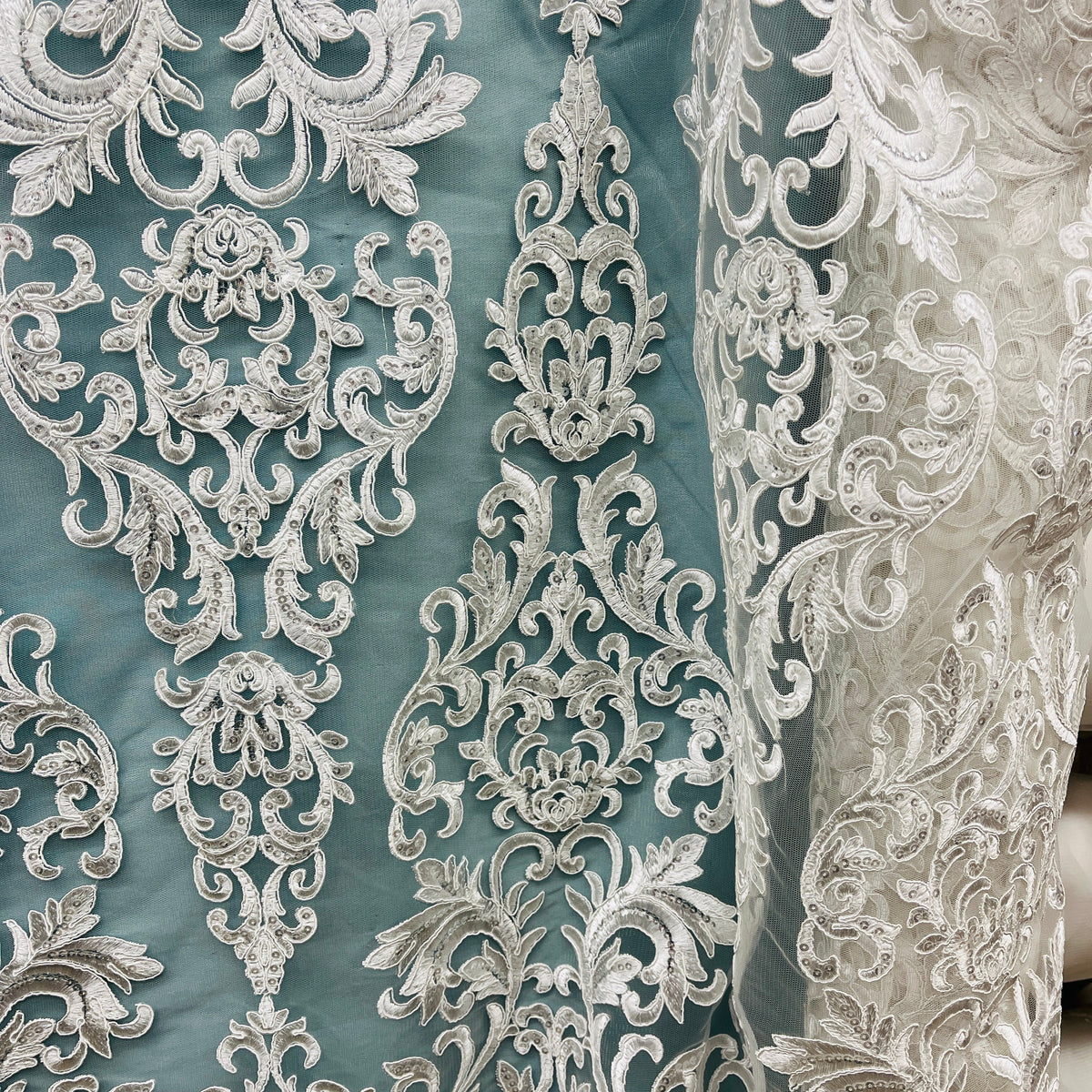 1 Yard Elegant Beaded & Corded Embroidered Lace Fabric on 100% Polyester Net Mesh
