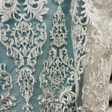 1 Yard Elegant Beaded & Corded Embroidered Lace Fabric on 100% Polyester Net Mesh