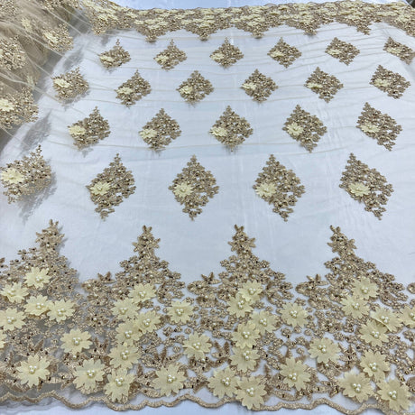 1 Yard Beaded 3D Floral Lace Fabric Embroidered on 100% Polyester Net Mesh 52" Width