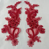 1 Pair Beaded & Corded Floral Lace Applique 9" x 2.5" Each Side