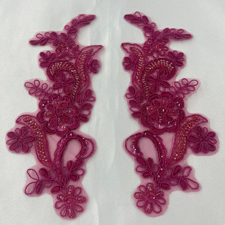 1 Pair Beaded & Corded Floral Lace Applique 9" x 2.5" Each Side