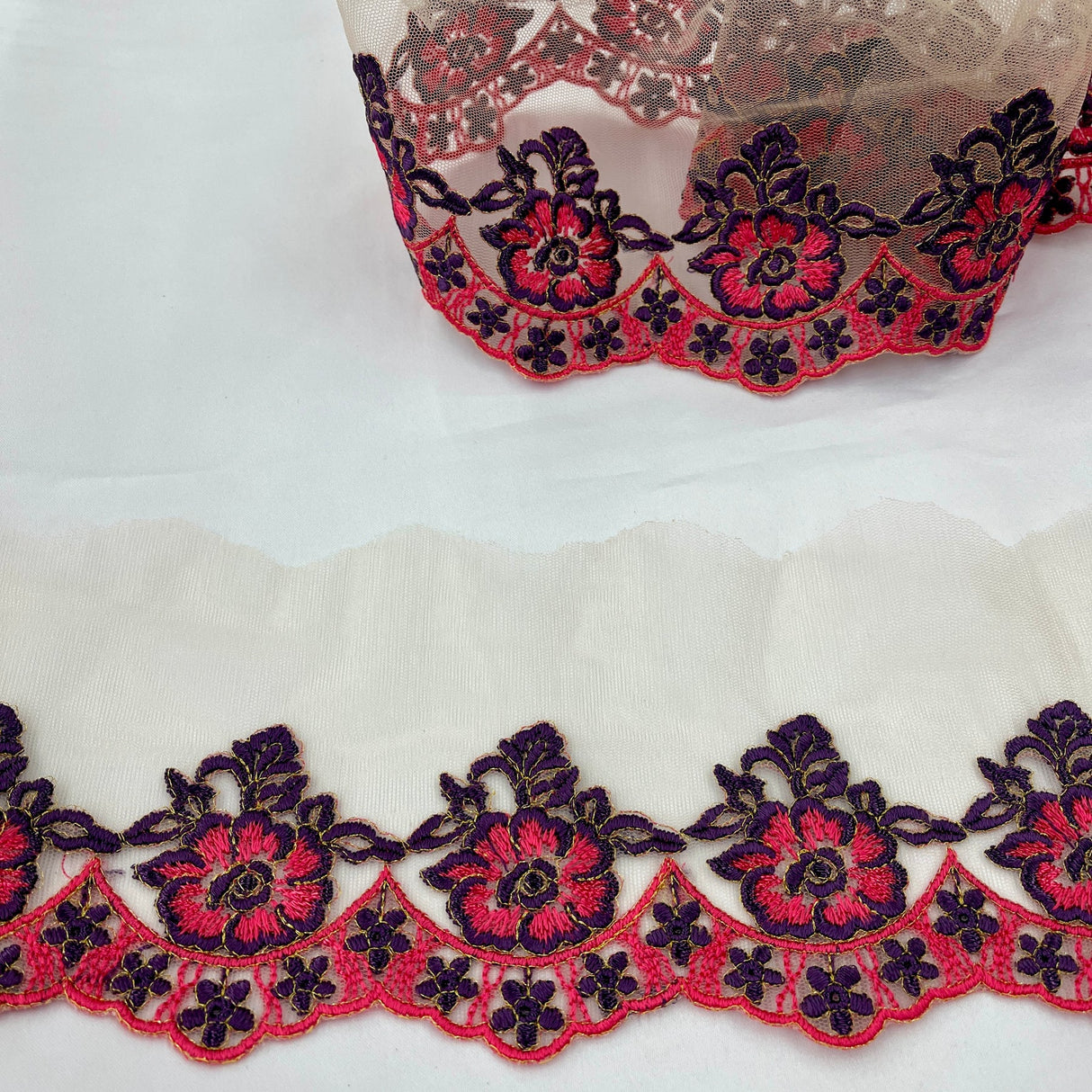 1 Yard Colorful Floral Lace Trimming on Net Mesh | 2.75" Wide | Handmade Embroidered Trim for Dresses & Costumes