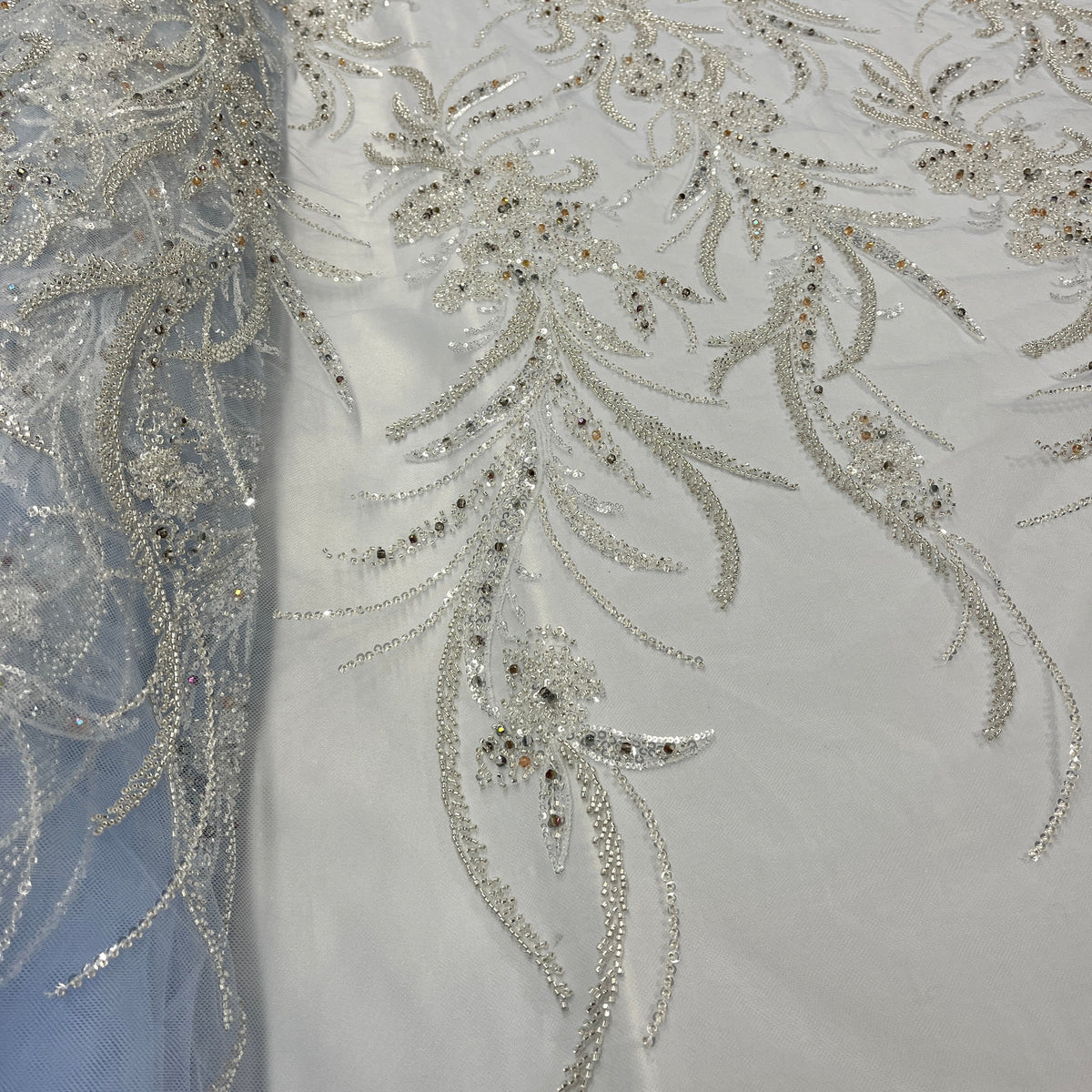1 Yard Beaded Lace Fabric on 100% Polyester Net Mesh, Elegant Embroidered Textile