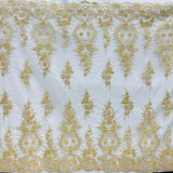 1 Yard White Beaded & Corded Bridal Lace Fabric, Embroidered Polyester Net Mesh, 54" Wide,
