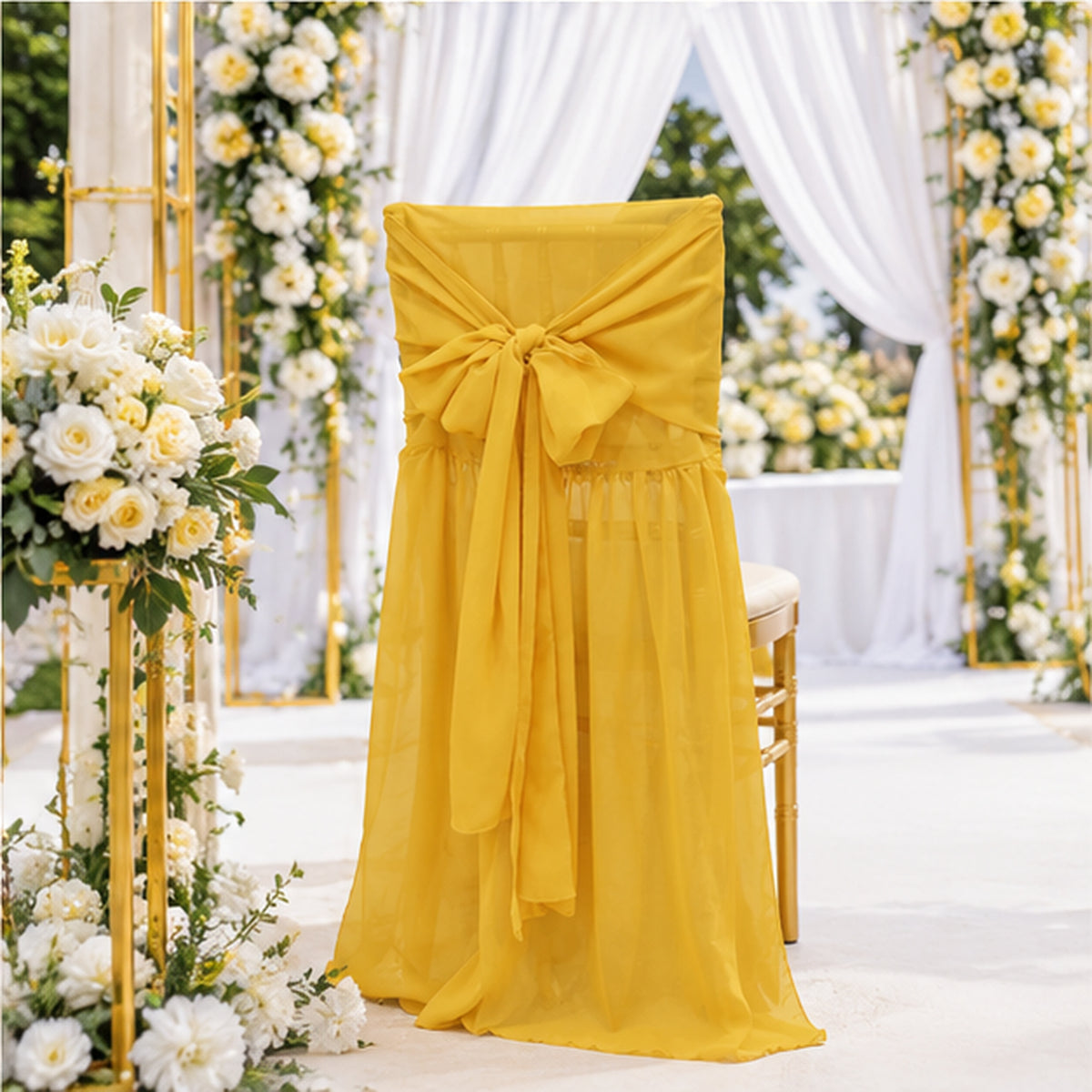 Gold Chiffon Chiavari Chair Cover With Sash Cascading Drape