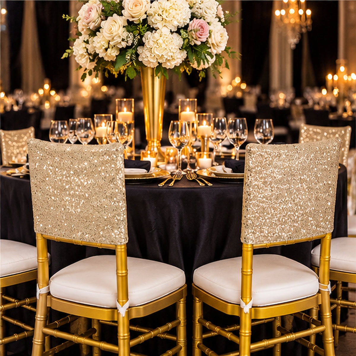 Champagne Gold Sequin Spandex Chair Caps 220 GSM Soft Shimmer