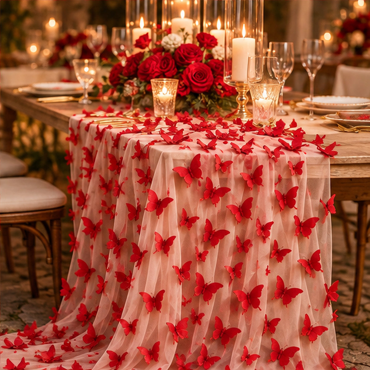 3D Butterflies Apple Red Lace Fabric Embroidered by the Yard Decor