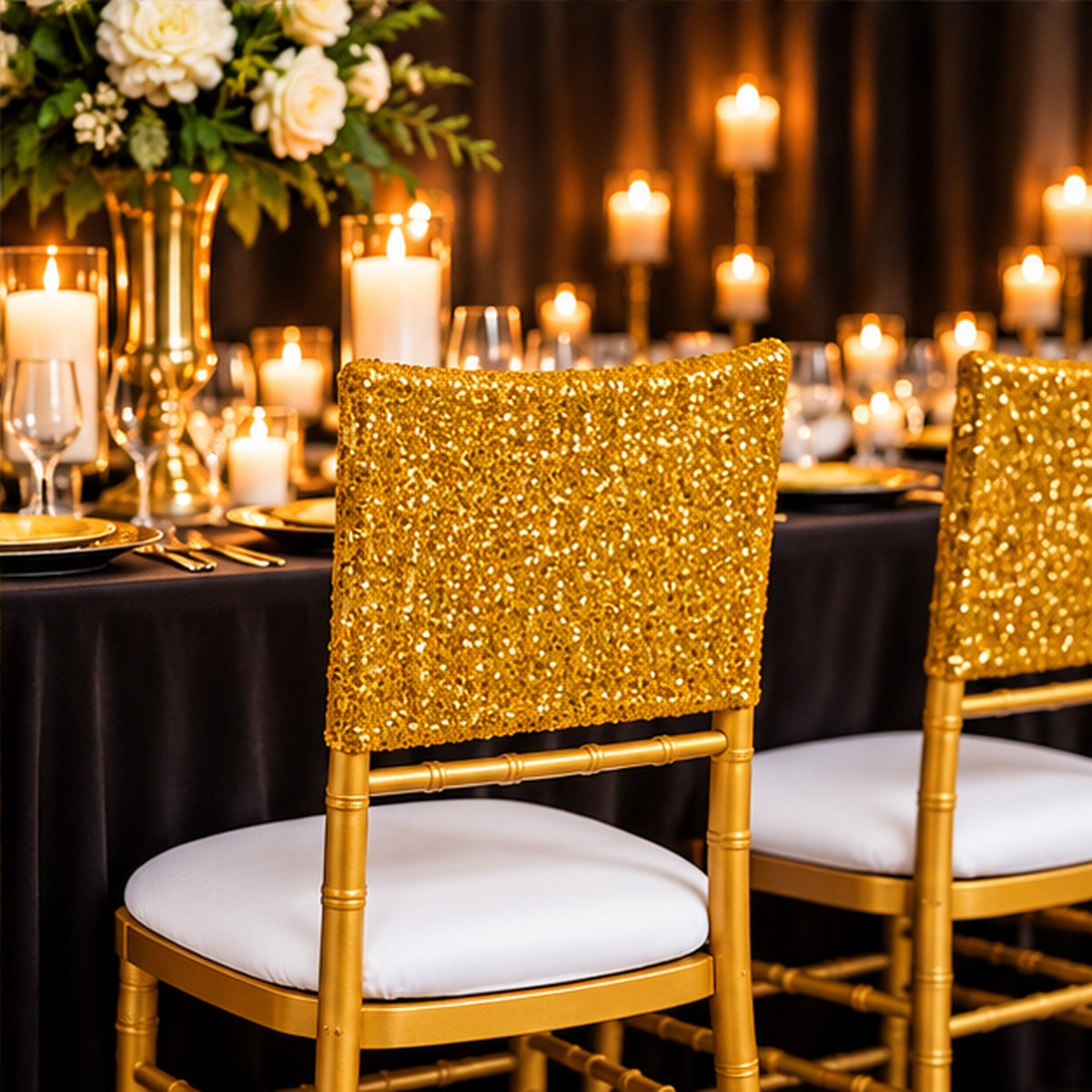 Gold Sequin Spandex Chair Caps 220 GSM Glittering Stretch Cover