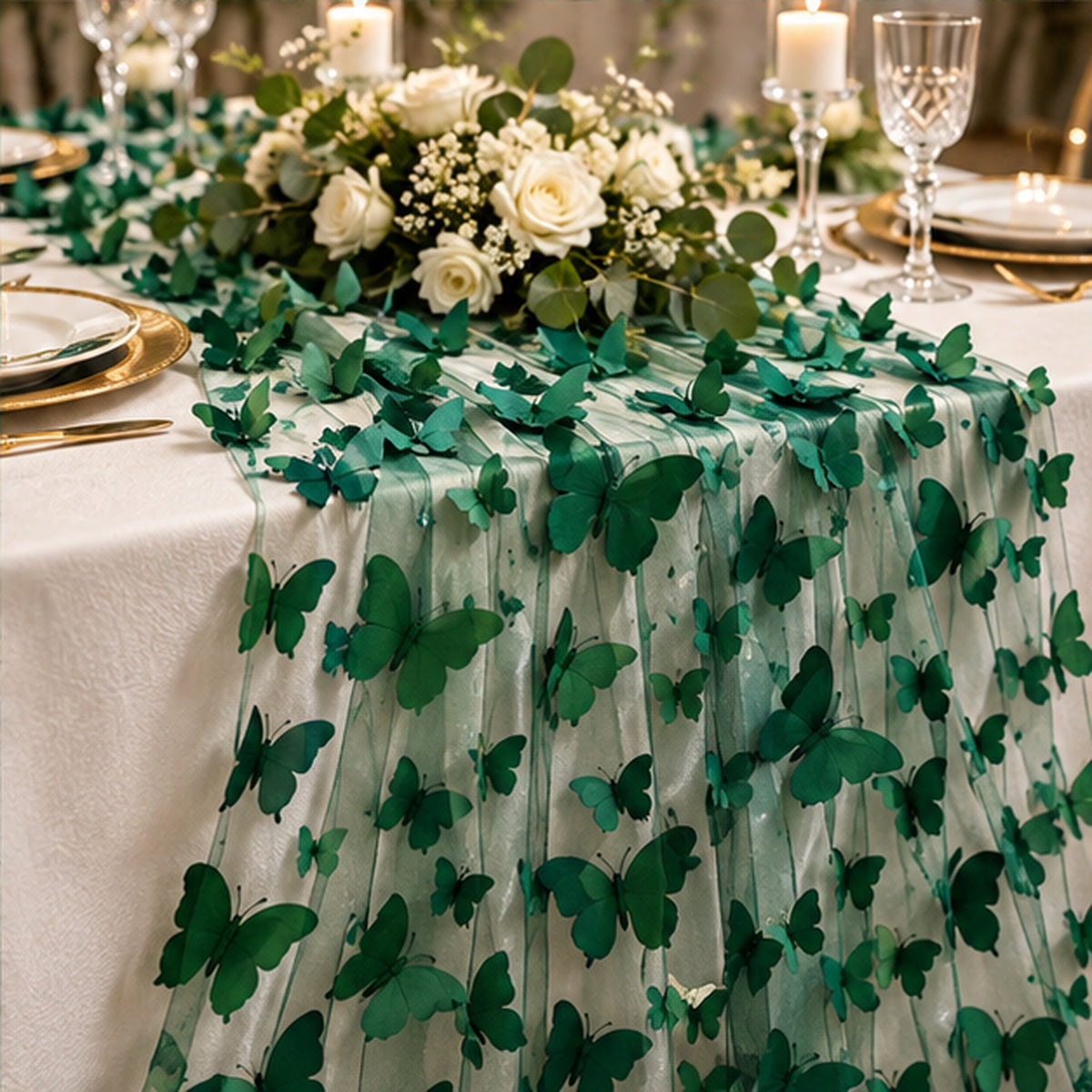 3D Butterflies Hunter Green Lace Fabric Embroidered by the Yard