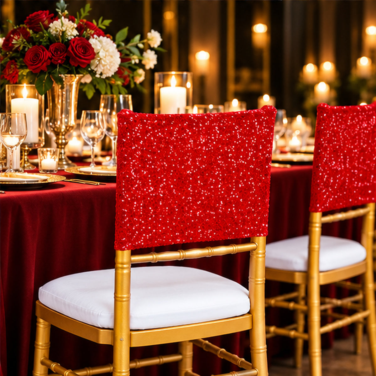 Red Sequin Spandex Chair Caps 220 GSM Sparkling Stretch Cover