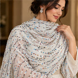 Hand Sequined Chiffon Fabric White Embellished Wide by the Yard