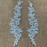 1 Pair 9.5" x 2" Each Side Beaded & Corded Floral Lace Applique Embroidered on 100% Polyester Net Mesh