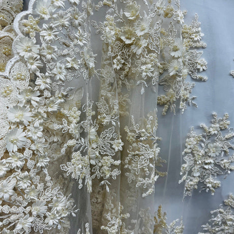 1 Yard Beaded 3D Floral Lace Fabric Embroidered on 100% Polyester Net Mesh 50" Wide
