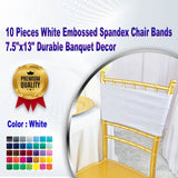 10 Pieces White Embossed Spandex Chair Bands 7.5"x13" Durable Banquet Decor