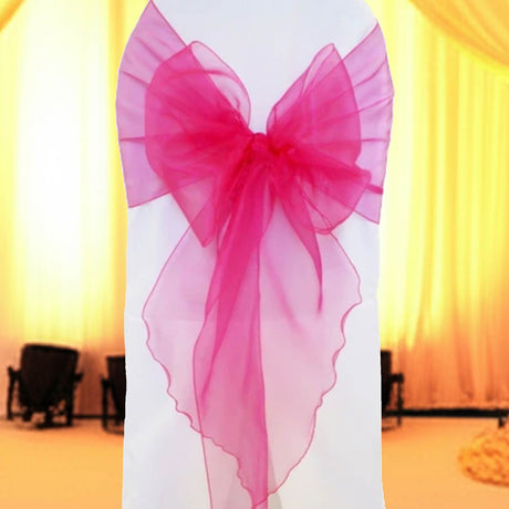 10 Pieces Fuchsia Organza Fabric Chair Wraps, 12"x116" Sophisticated Angled Design