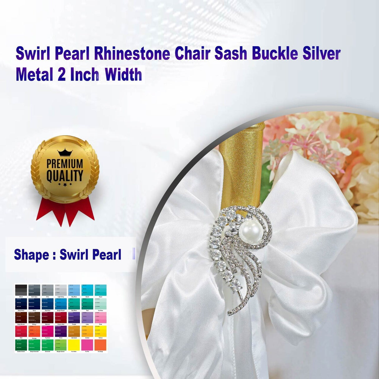 1 Piece Swirl Pearl Rhinestone Chair Sash Buckle Silver Metal 2 Inch Width