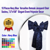 10 Pieces Navy Blue Versailles Damask Jacquard Chair Sashes, 7.5"x108" Elegant Event Polyester Decor